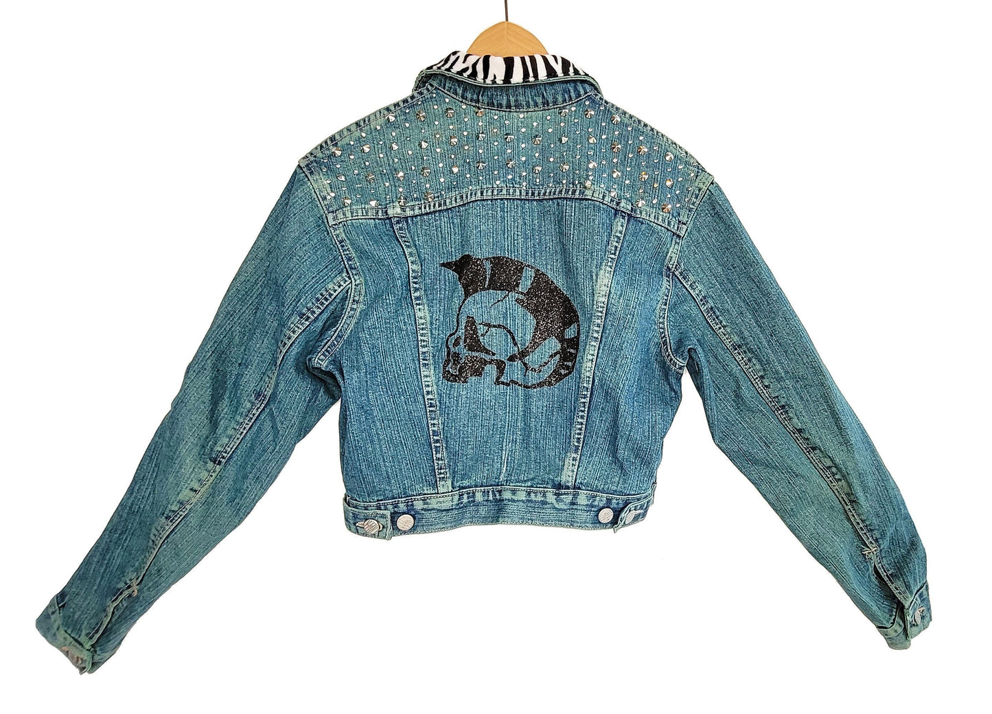 green denim jacket glitter skull studded denim jacket punk jacket | custom denim jacket hand painted denim jacket custom jean jacket size S