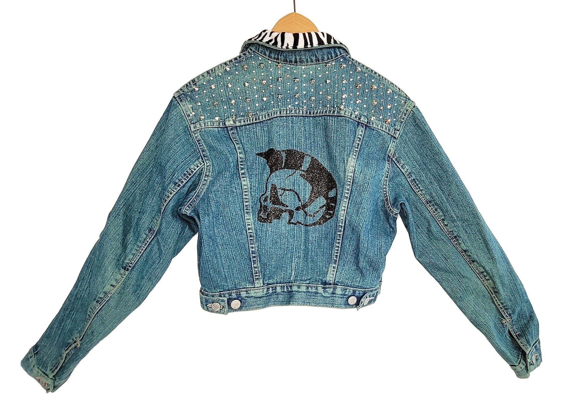 green denim jacket glitter skull studded denim jacket punk jacket | custom denim jacket hand painted denim jacket custom jean jacket size S