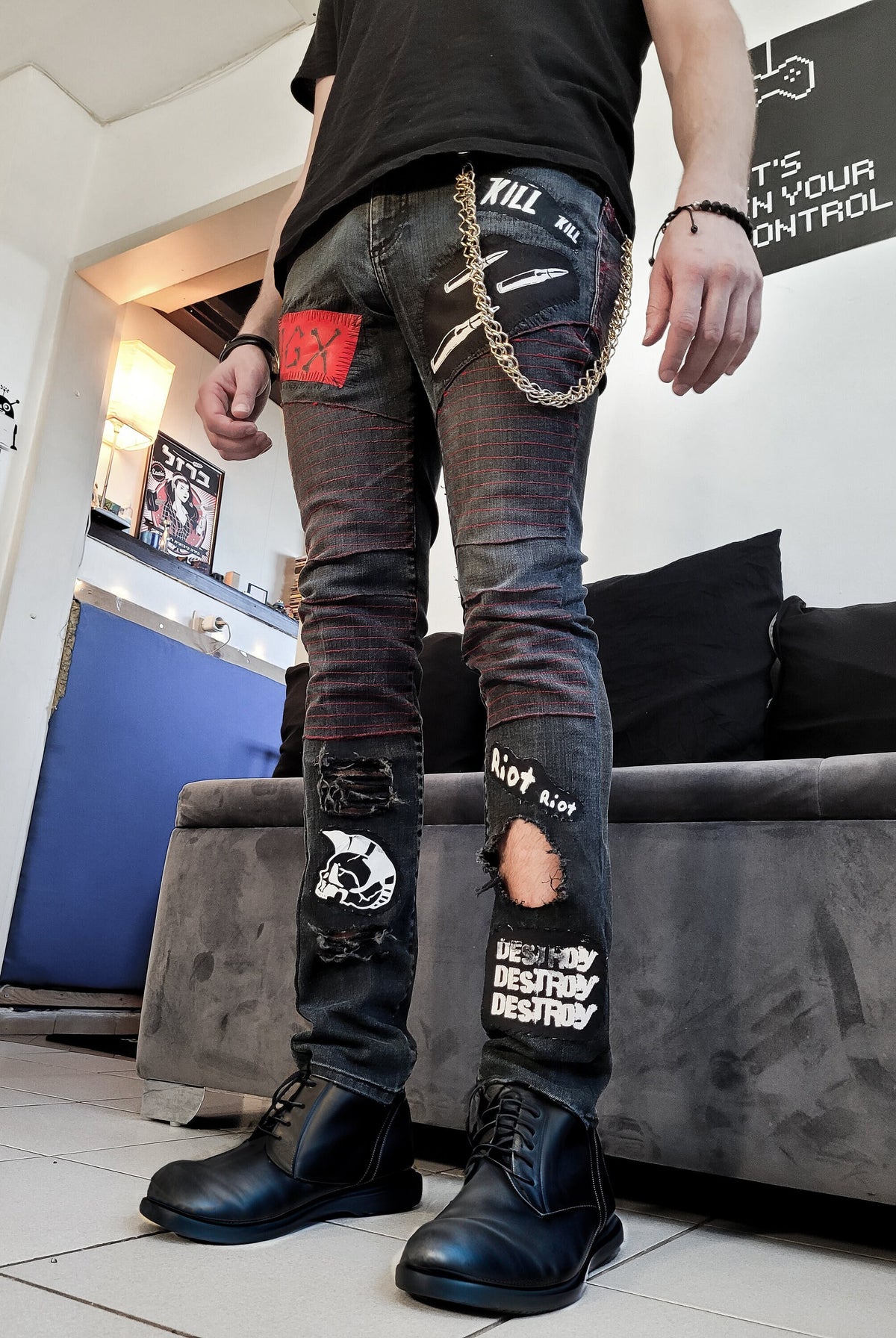 punk jeans crust punk pants embroidered jeans biker jeans | patchwork jeans streetwear pants ripped jeans men | goth pants goth jeans