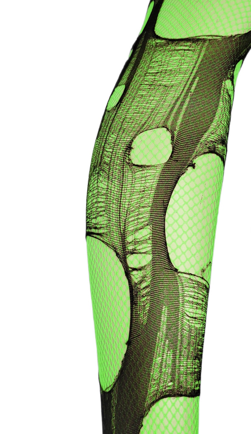 Neon green black fishnet tights rave accessories | ripped tights fishnet stockings | goth tights distressed tights fishnet leggings