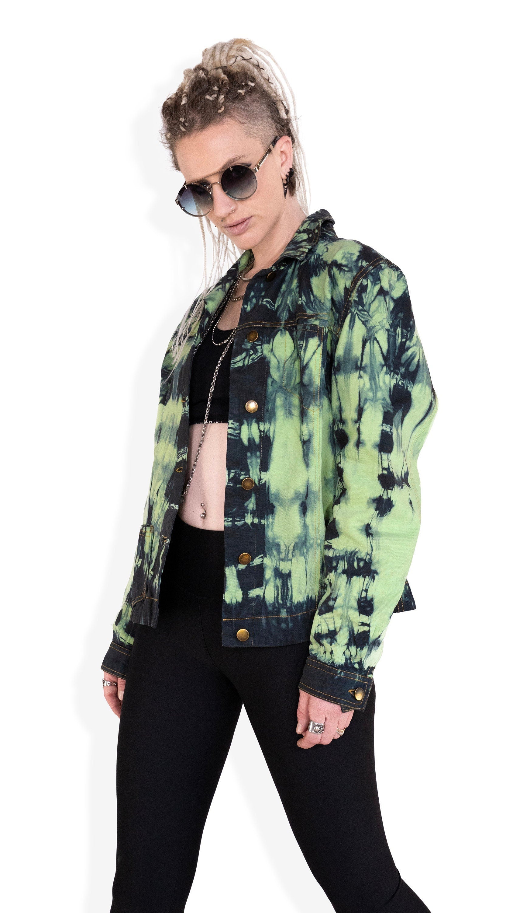 tie dye neon green denim jacket oversized denim jacket | punk jacket | upcycled jean jacket size XL