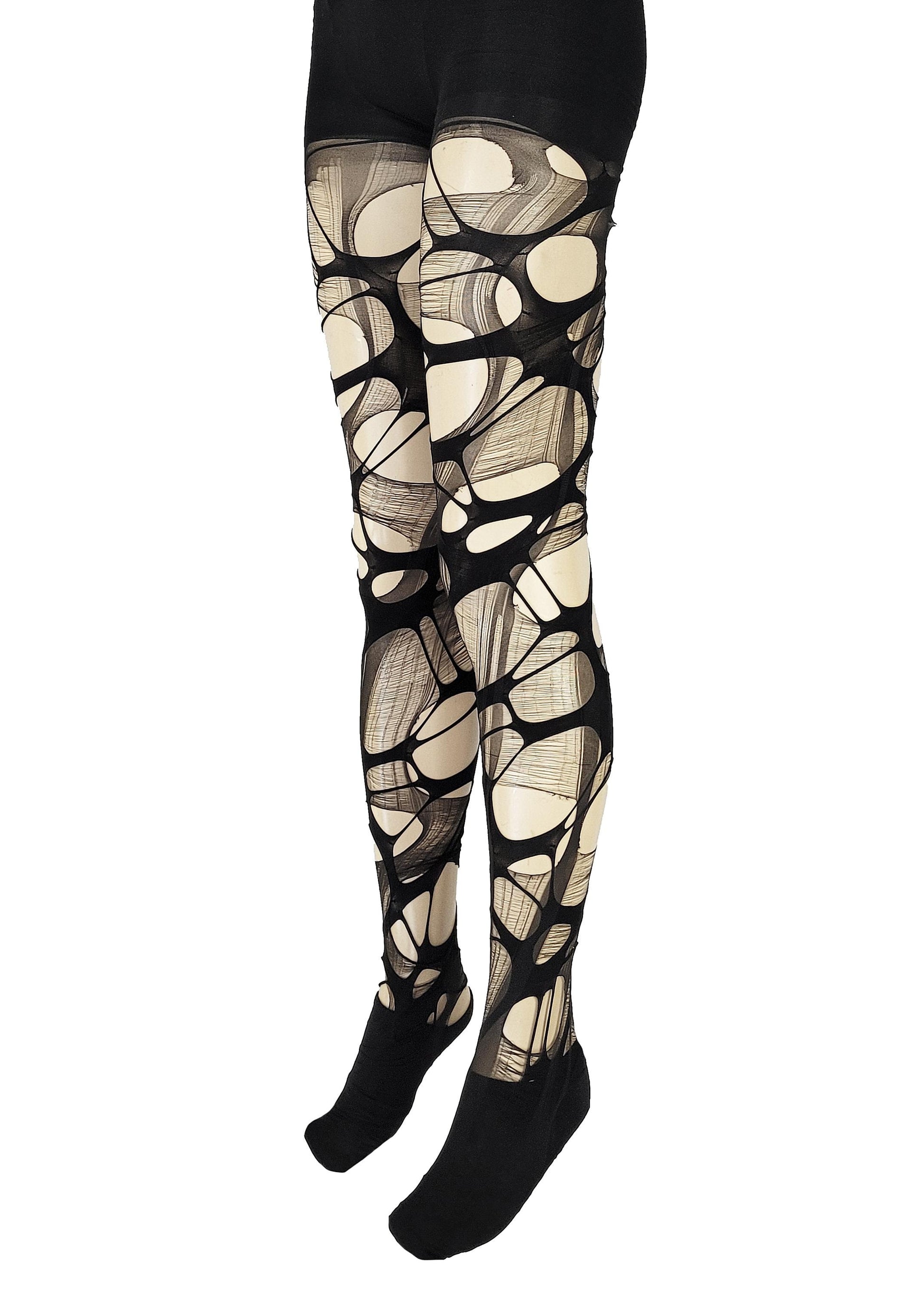 Black ripped tights fishnet leggings distressed tights Halloween leggings | goth leggings fishnet tights torn tights goth tights fishnets