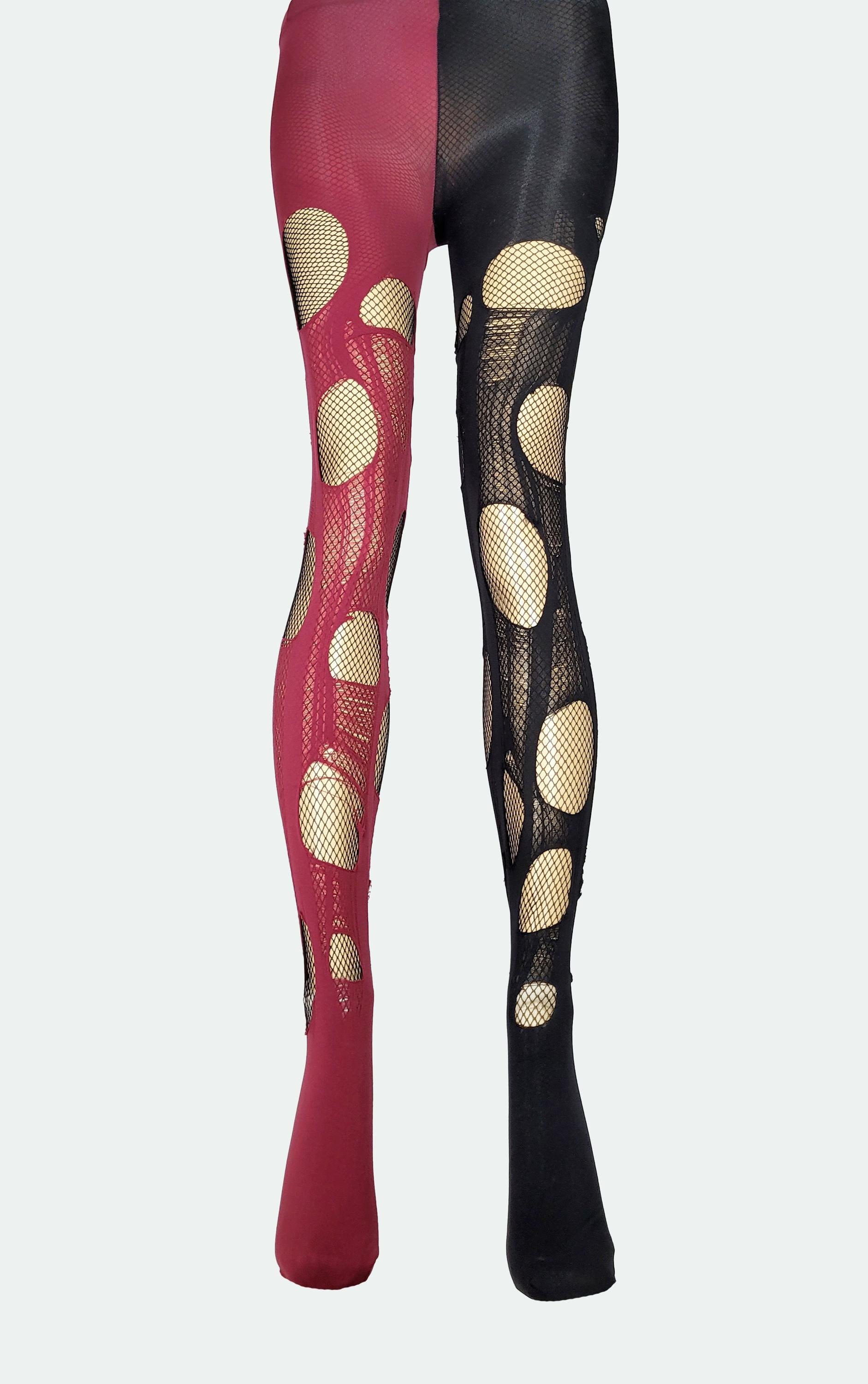 Ripped tights black red fishnet tights | distressed tights torn tights goth tights fishnet stockings fishnet leggings | punk tights