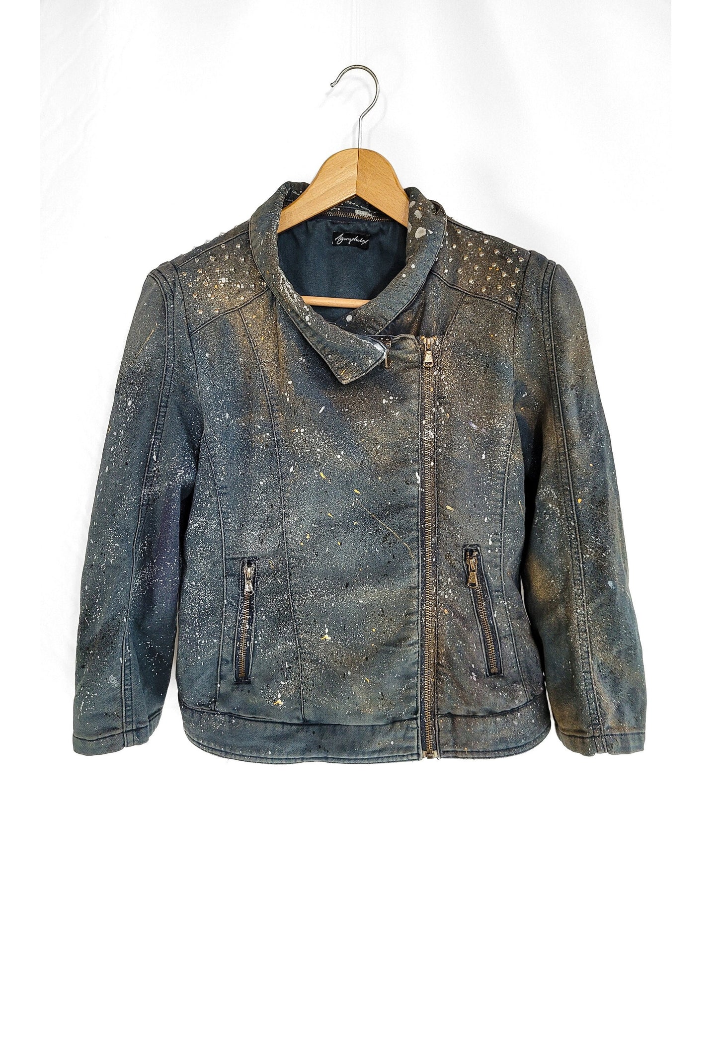 Dark space embellished denim jacket studded denim jacket | denim motorcycle jacket custom jean jacket | custom denim jacket size M