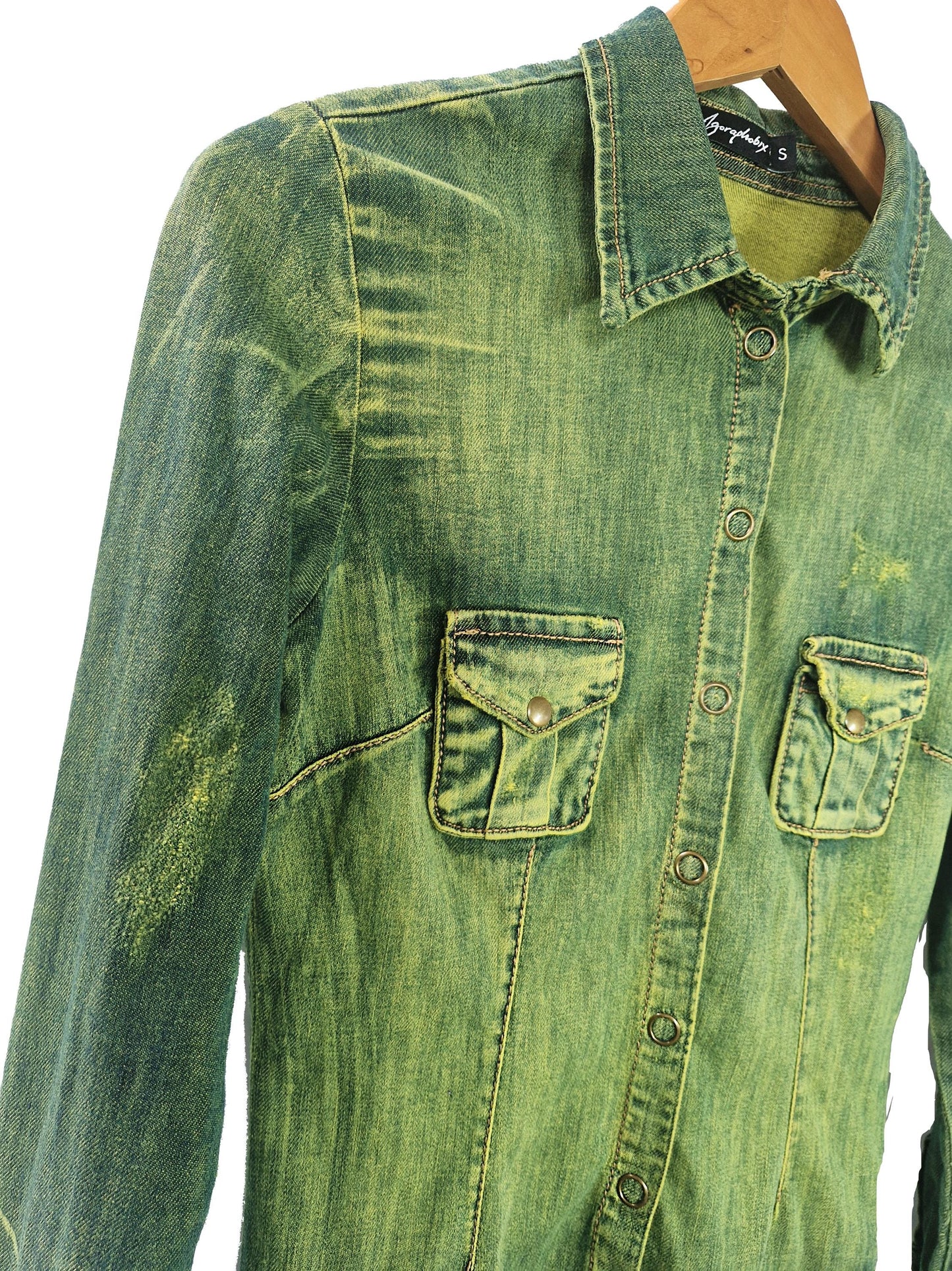 green denim fitted denim shirt concert shirt | chambray shirt 90s grunge shirt grunge denim shirt festival shirt | Upcycled denim