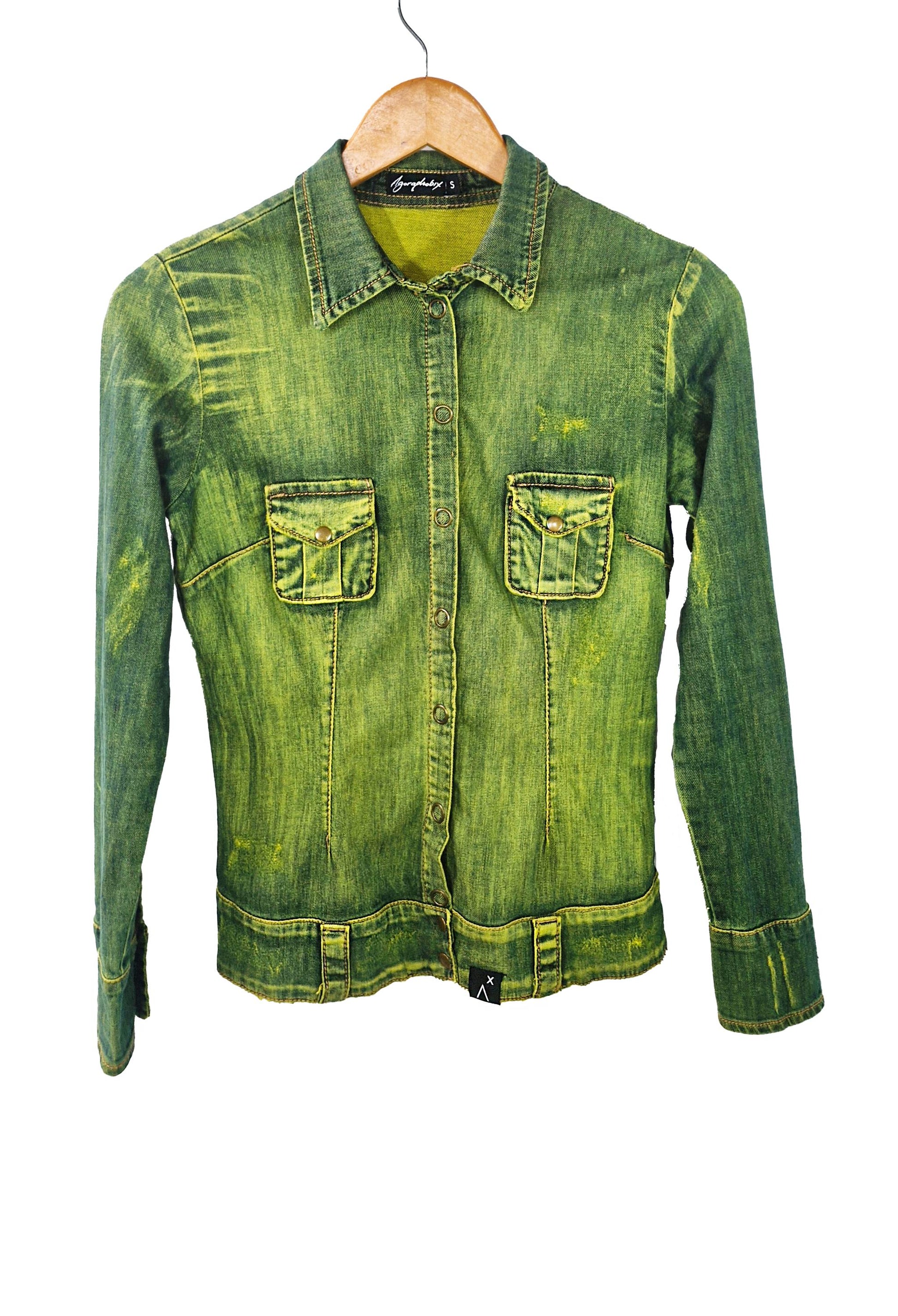 green denim fitted denim shirt concert shirt | chambray shirt 90s grunge shirt grunge denim shirt festival shirt | Upcycled denim