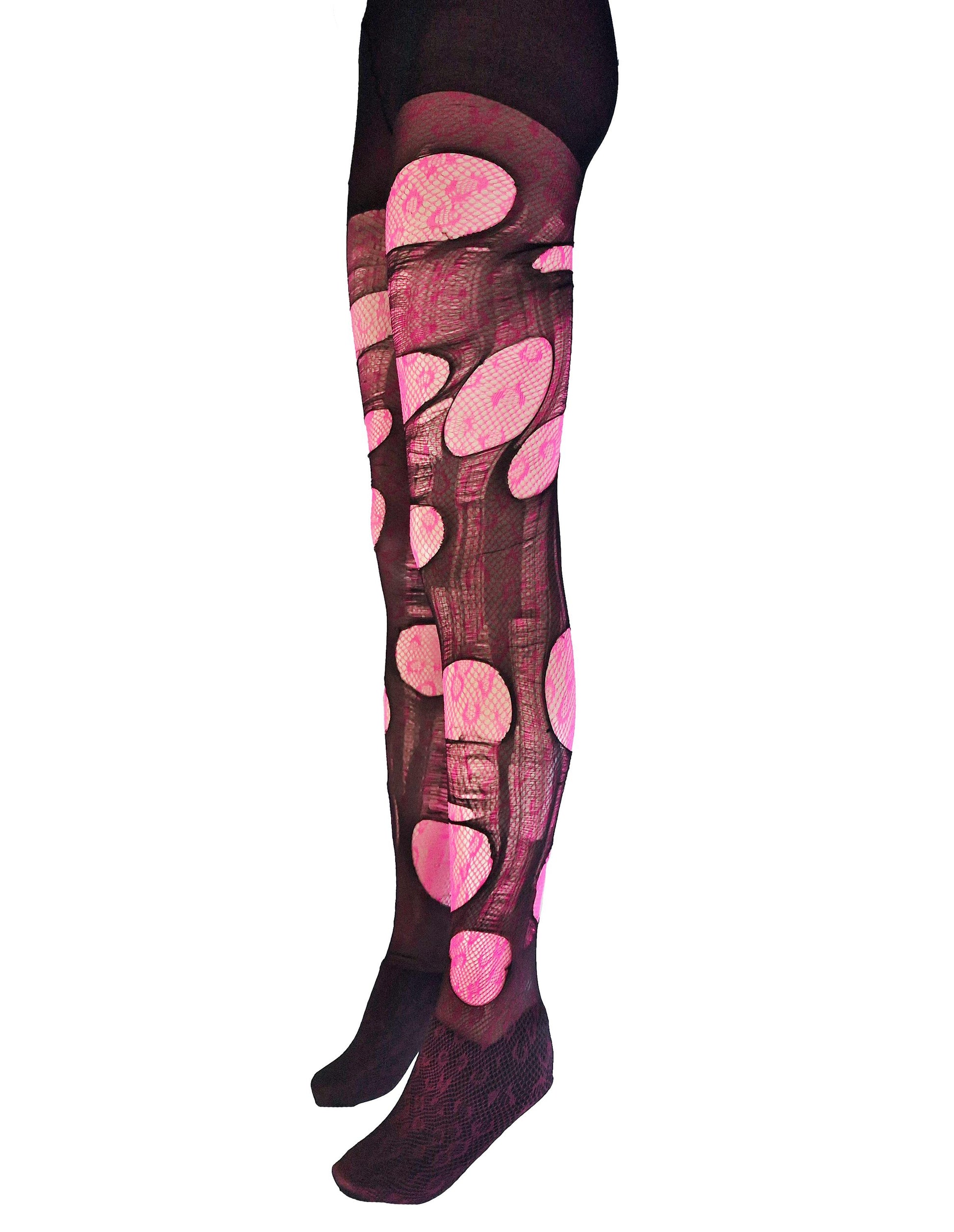 tattered & torn tights pink leopard print fishnet tights Halloween leggings rave wear funky tights sexy tights mesh tights fishnet stockings