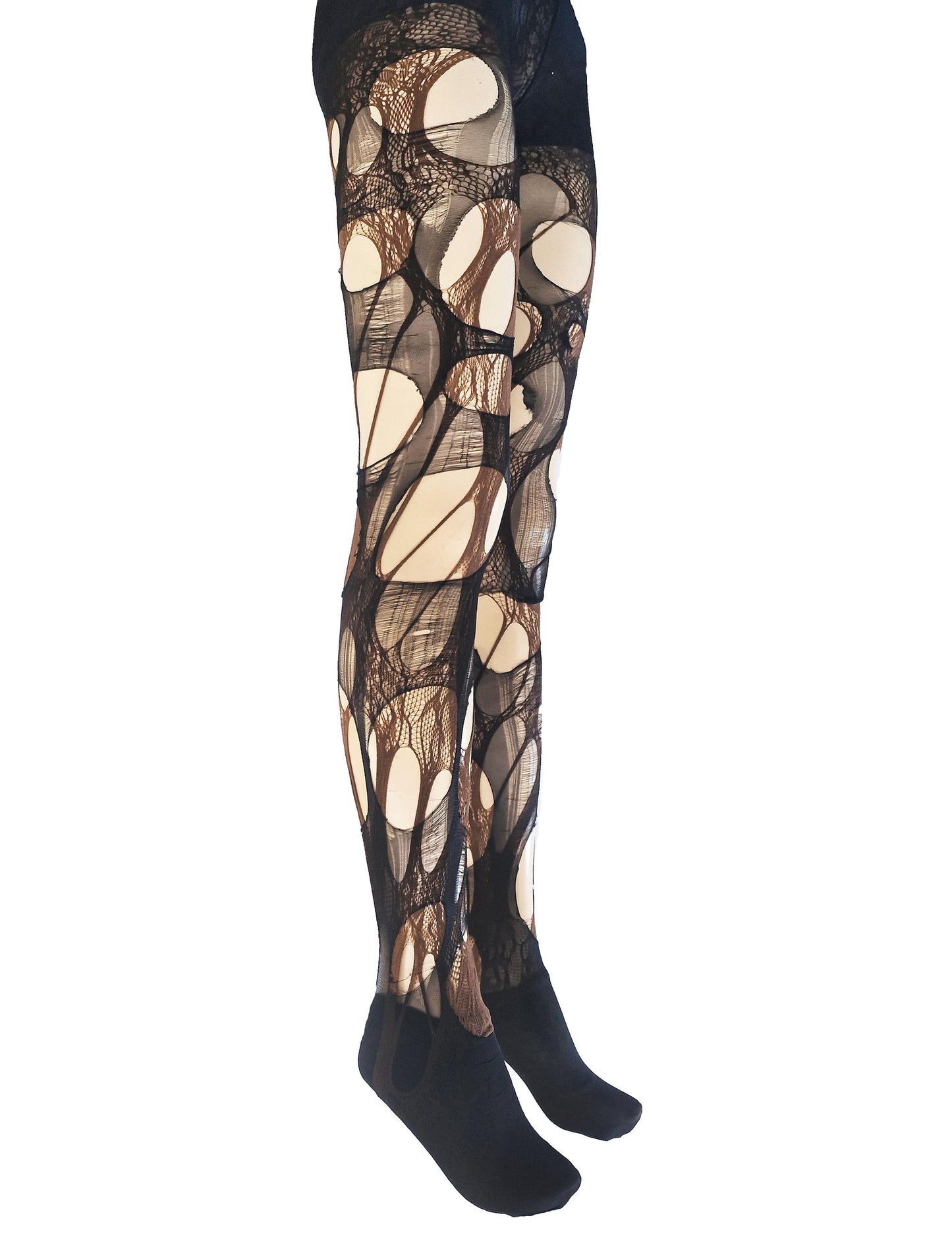 Brown black lace tights torn tights floral lace fishnet tights Halloween tights patterned tights goth tights fishnet stockings gothic tights