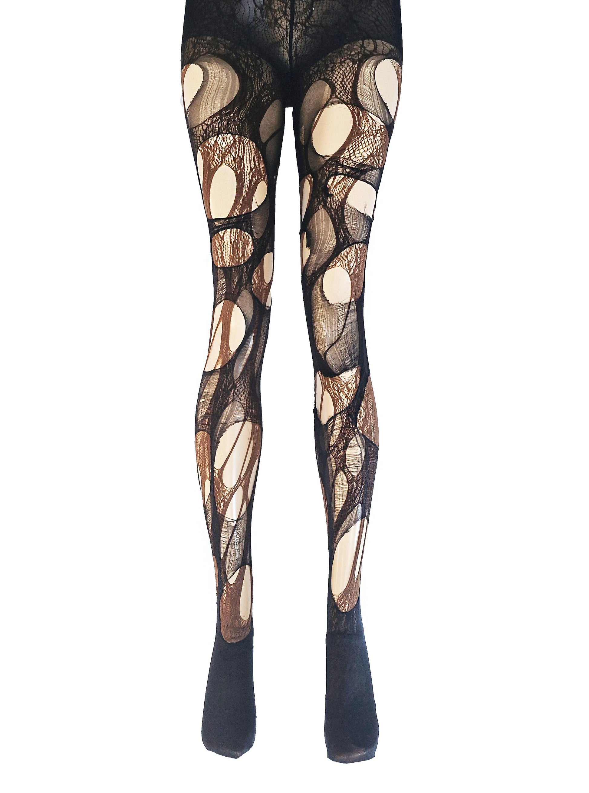 White Lace Tights Black Ripped Fishnet Tights Romantic Goth Leggings Gothic Bridal Witchy Distressed Stockings