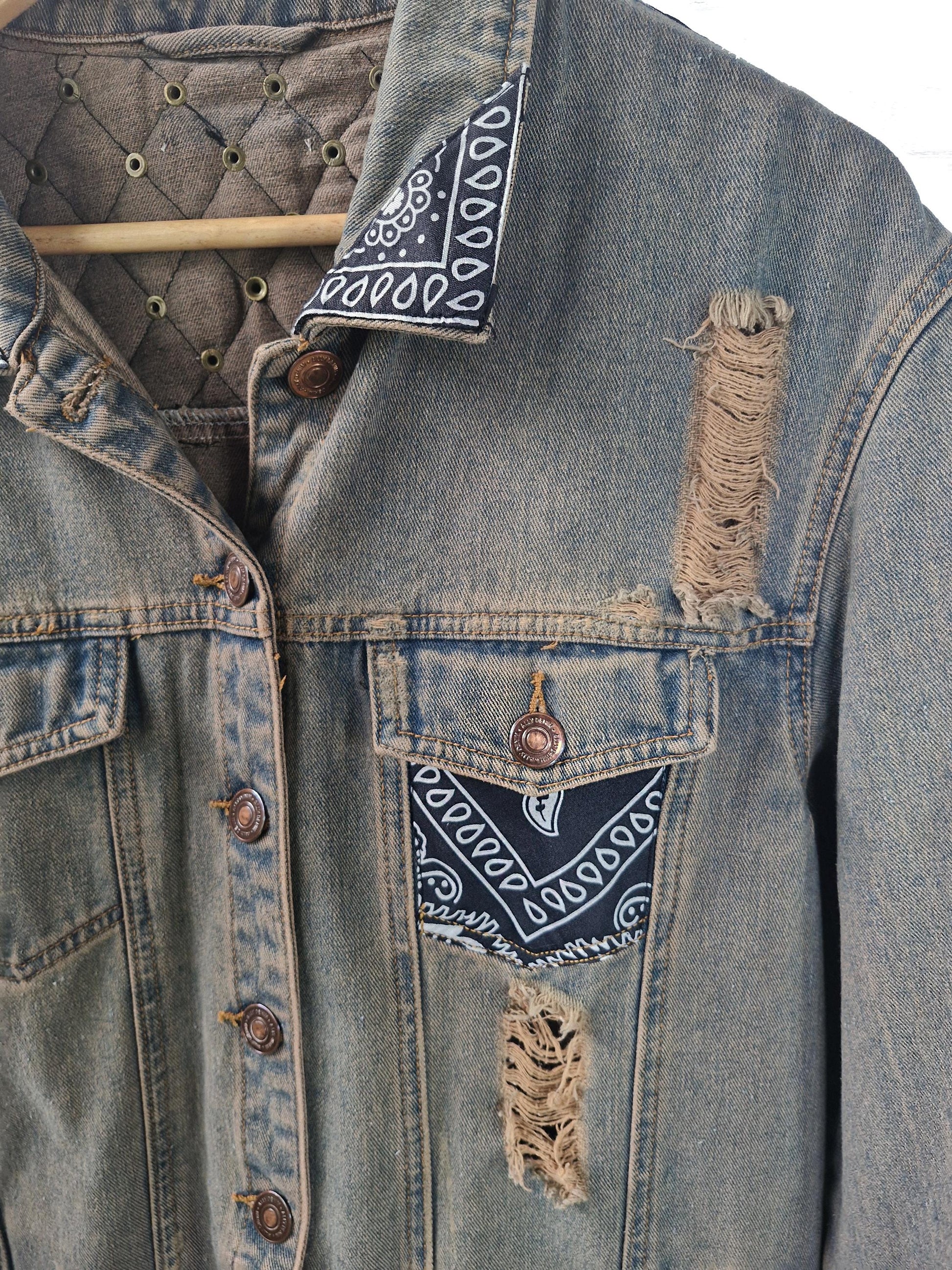 custom jean jacket goth jacket punk jacket brown denim jacket | unique jacket distressed jacket upcycled denim jacket custom denim | size M