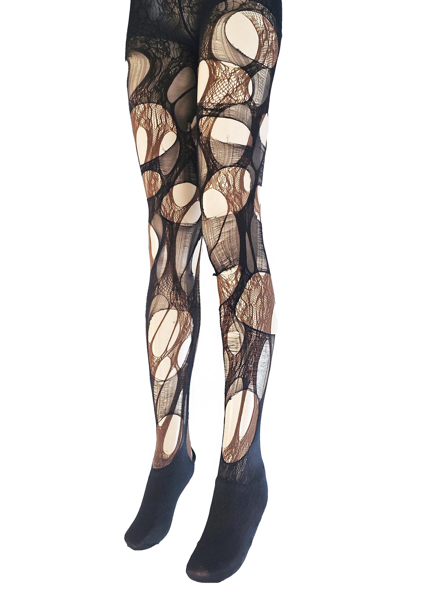 Brown black lace tights torn tights floral lace fishnet tights Halloween tights patterned tights goth tights fishnet stockings gothic tights