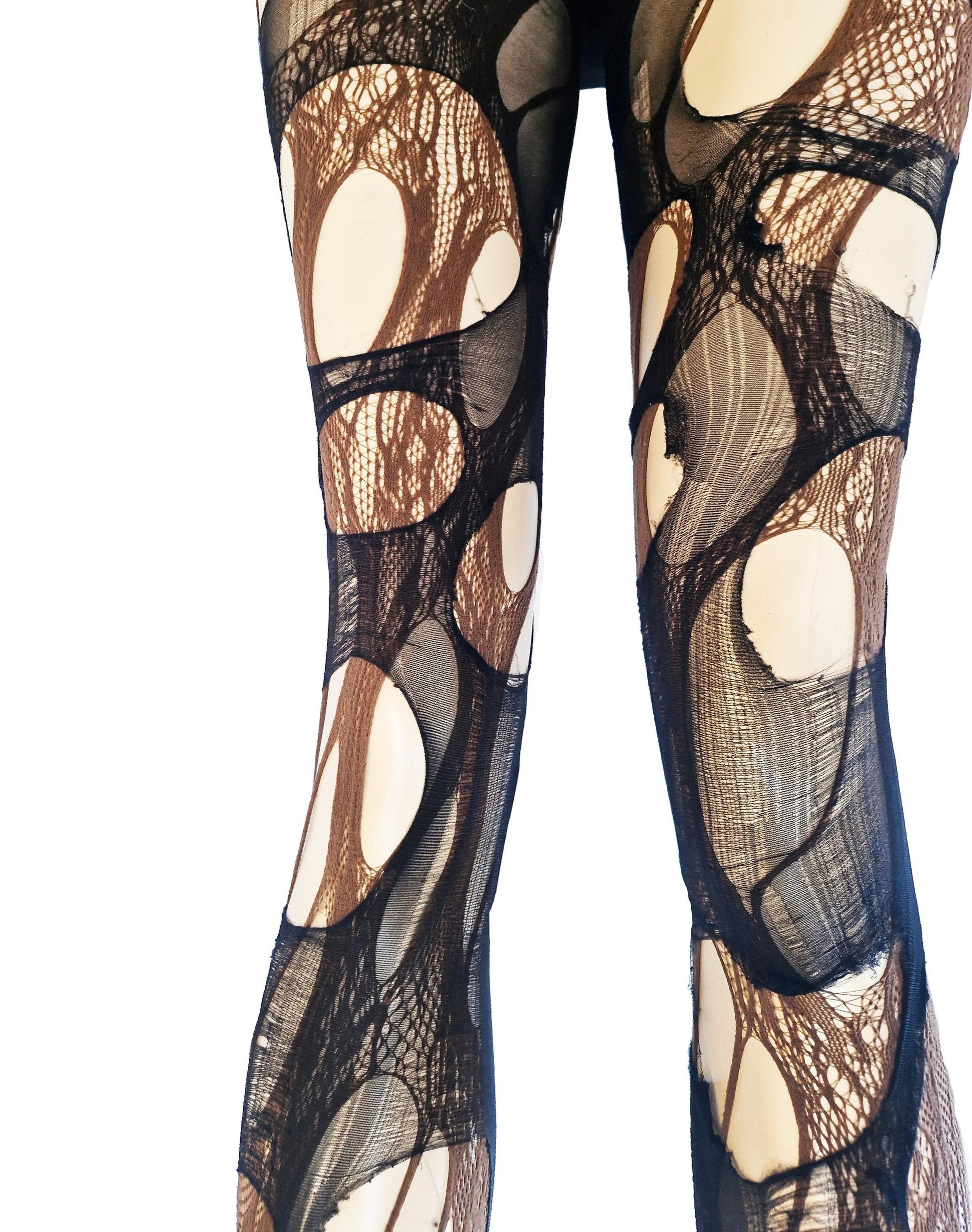 Brown black lace tights torn tights floral lace fishnet tights Halloween tights patterned tights goth tights fishnet stockings gothic tights
