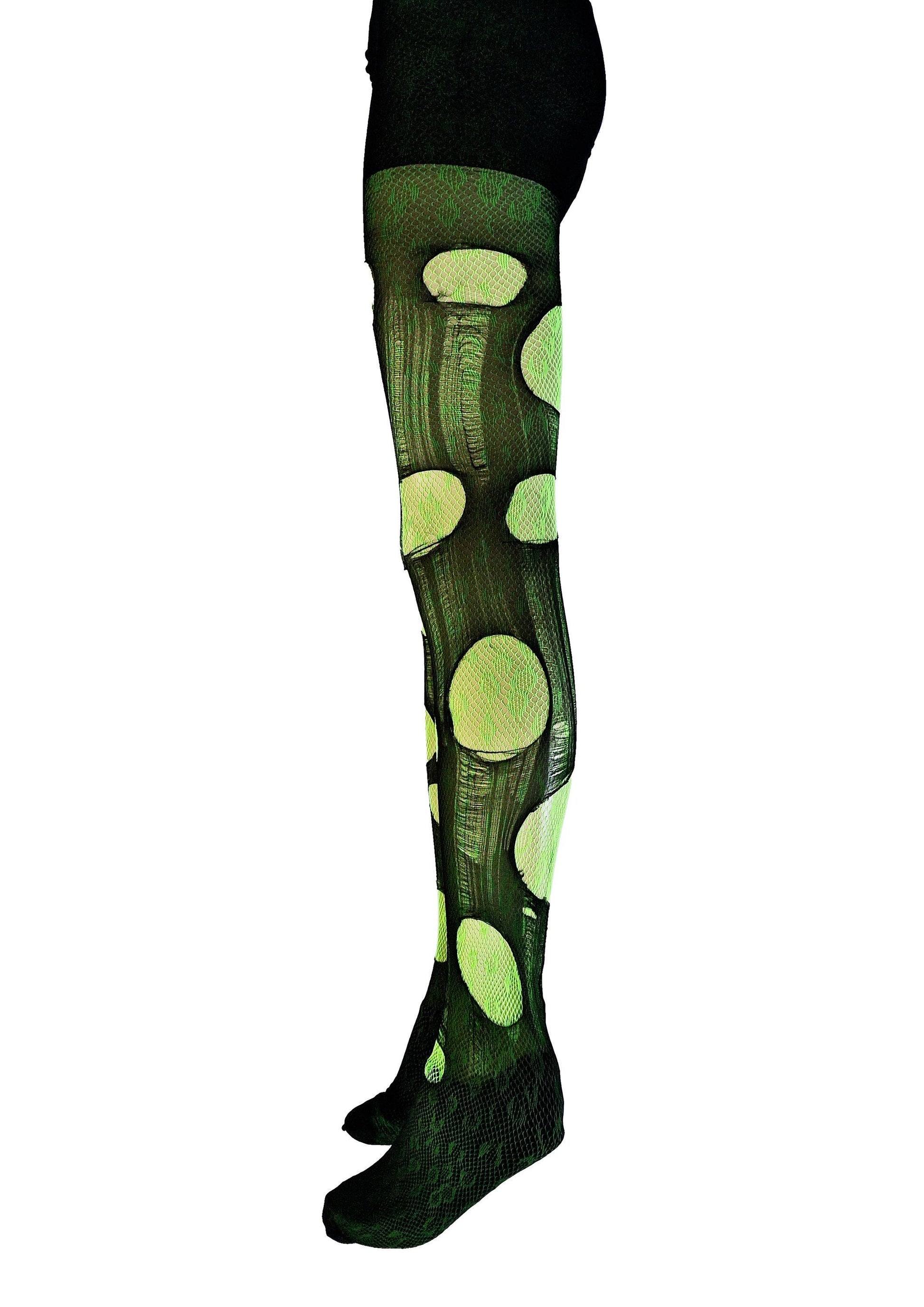 Neon Green Leopard Tights Ripped Fishnet Tights Festival Outfit Rave Tights Y2K Leopard Print Leggings Burning Man Clothing