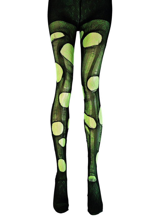 Neon Green Leopard Tights Ripped Fishnet Tights Festival Outfit Rave Tights Y2K Leopard Print Leggings Burning Man Clothing