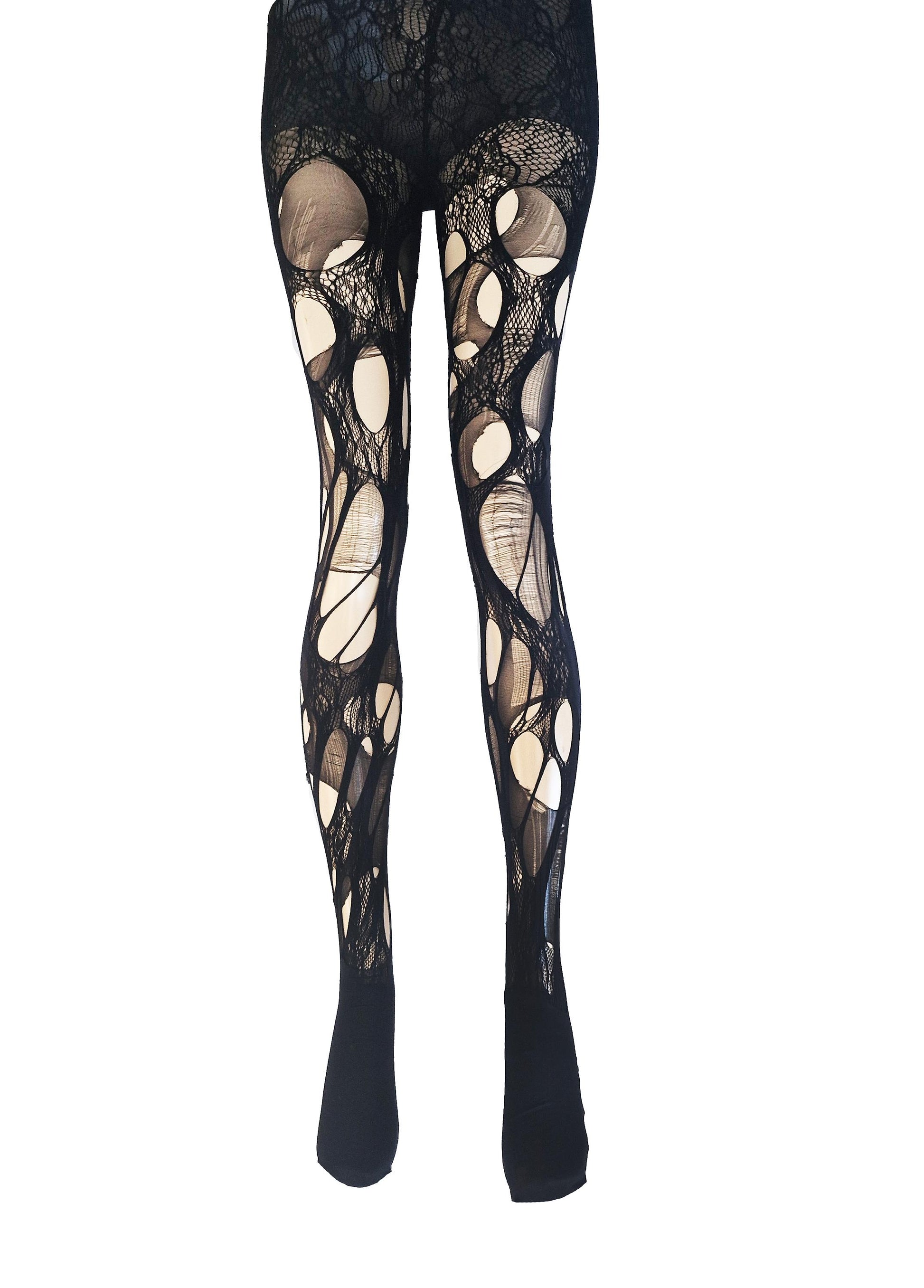 White Lace Tights Black Ripped Fishnet Tights Romantic Goth Leggings Gothic Bridal Witchy Distressed Stockings