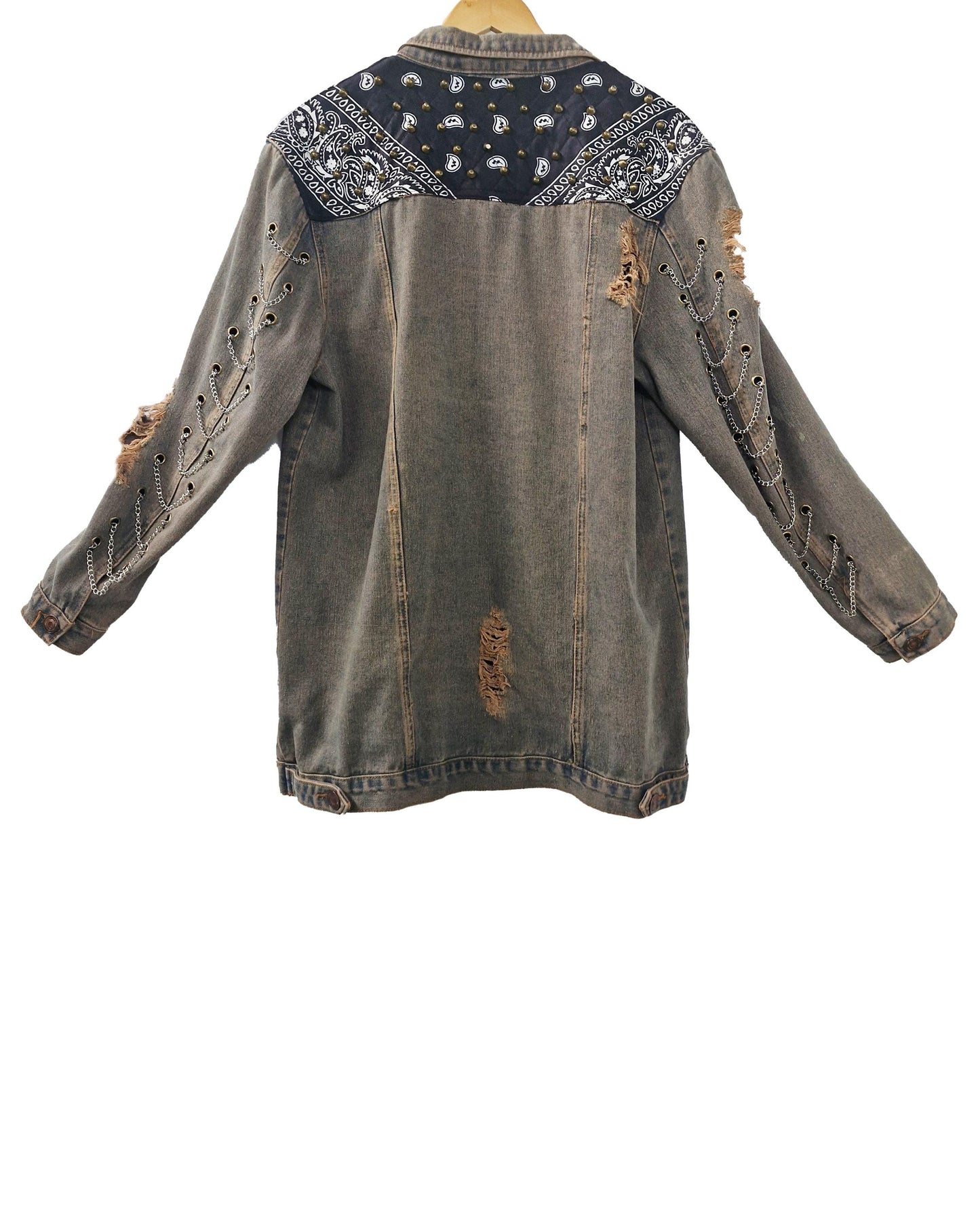 custom jean jacket goth jacket punk jacket brown denim jacket | unique jacket distressed jacket upcycled denim jacket custom denim | size M