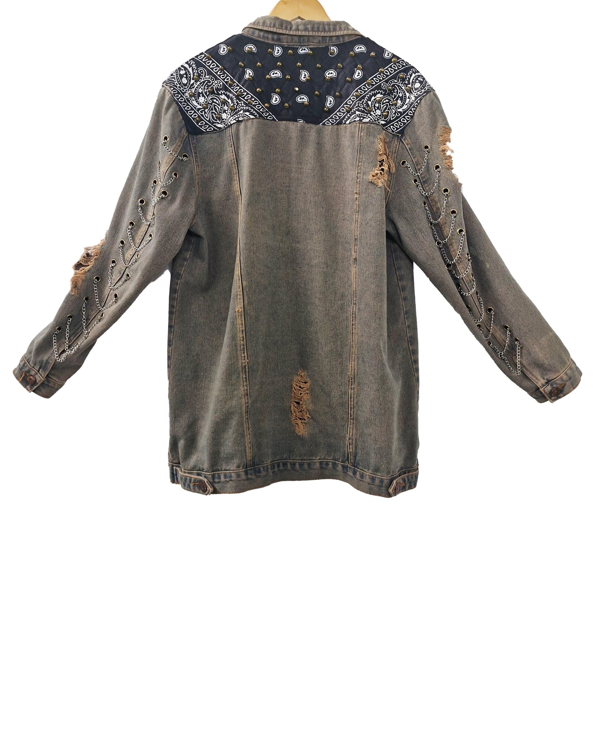 custom jean jacket goth jacket punk jacket brown denim jacket | unique jacket distressed jacket upcycled denim jacket custom denim | size M