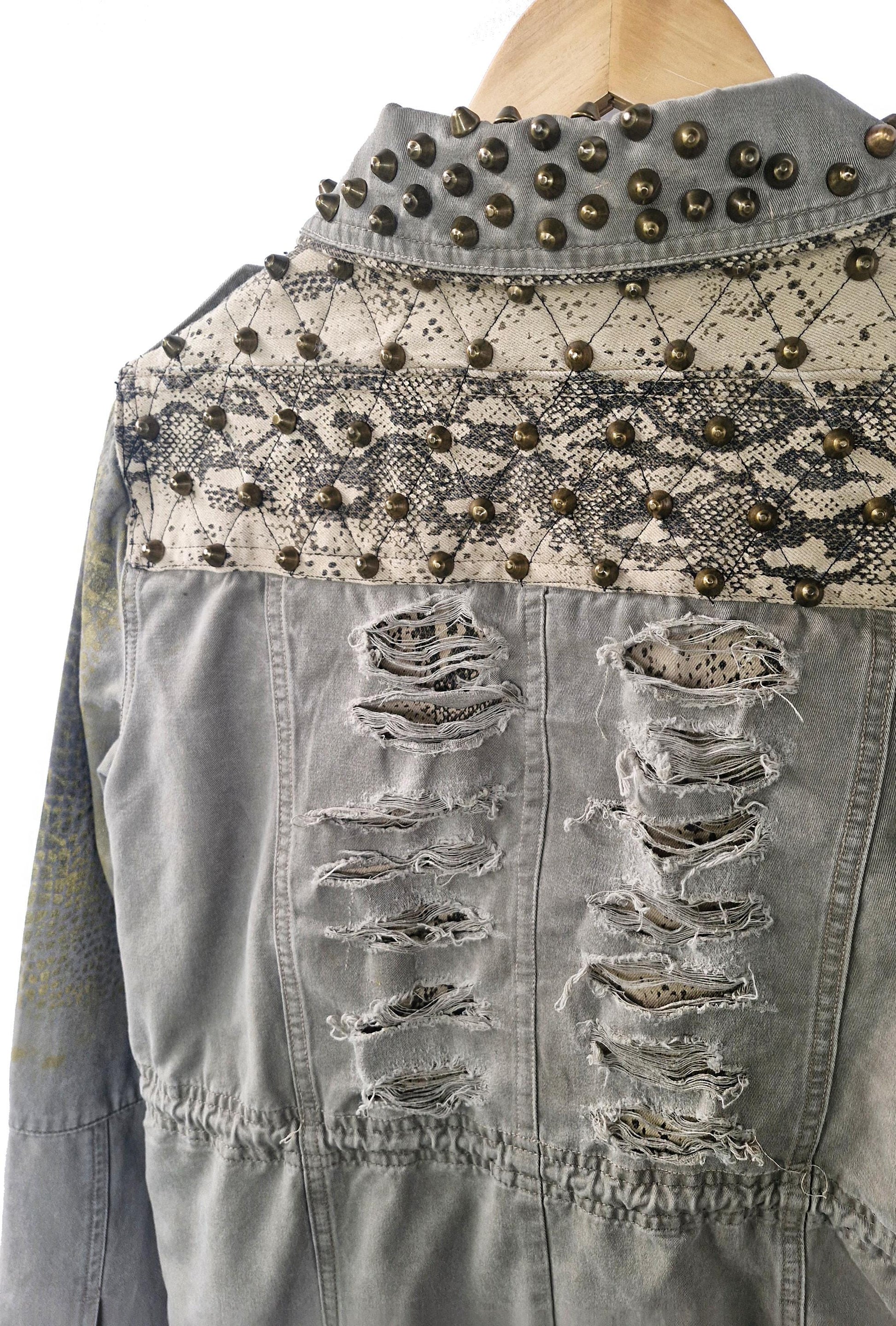 custom jean jacket goth jacket punk jacket brown denim jacket | unique jacket distressed jacket upcycled denim jacket custom denim | size M
