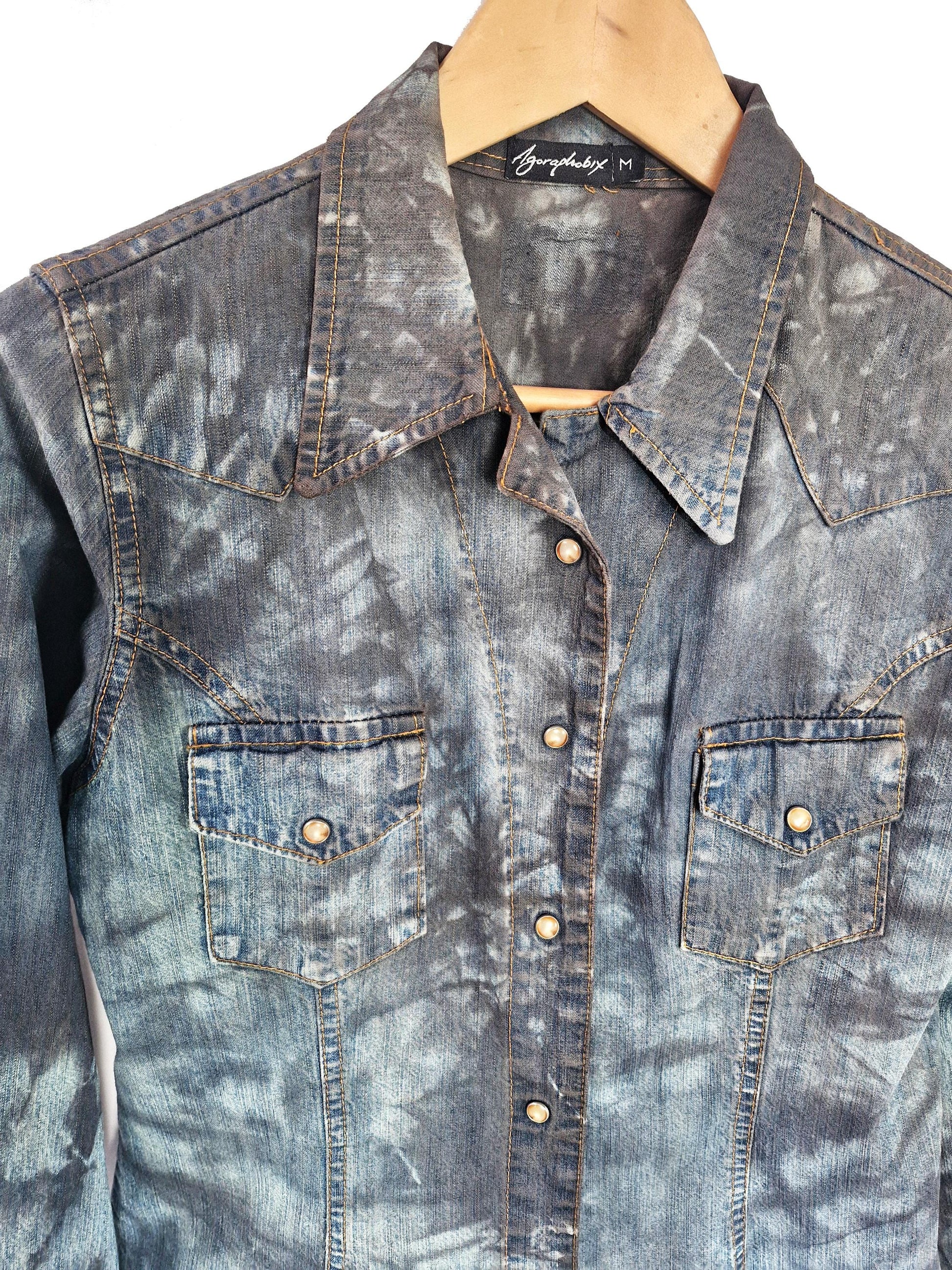 Blue jeans tie dye jean shirt vintage Tie Dye shirt Western shirt | upcycled denim shirt | jeans shirt | Upcycled clothing | Size S