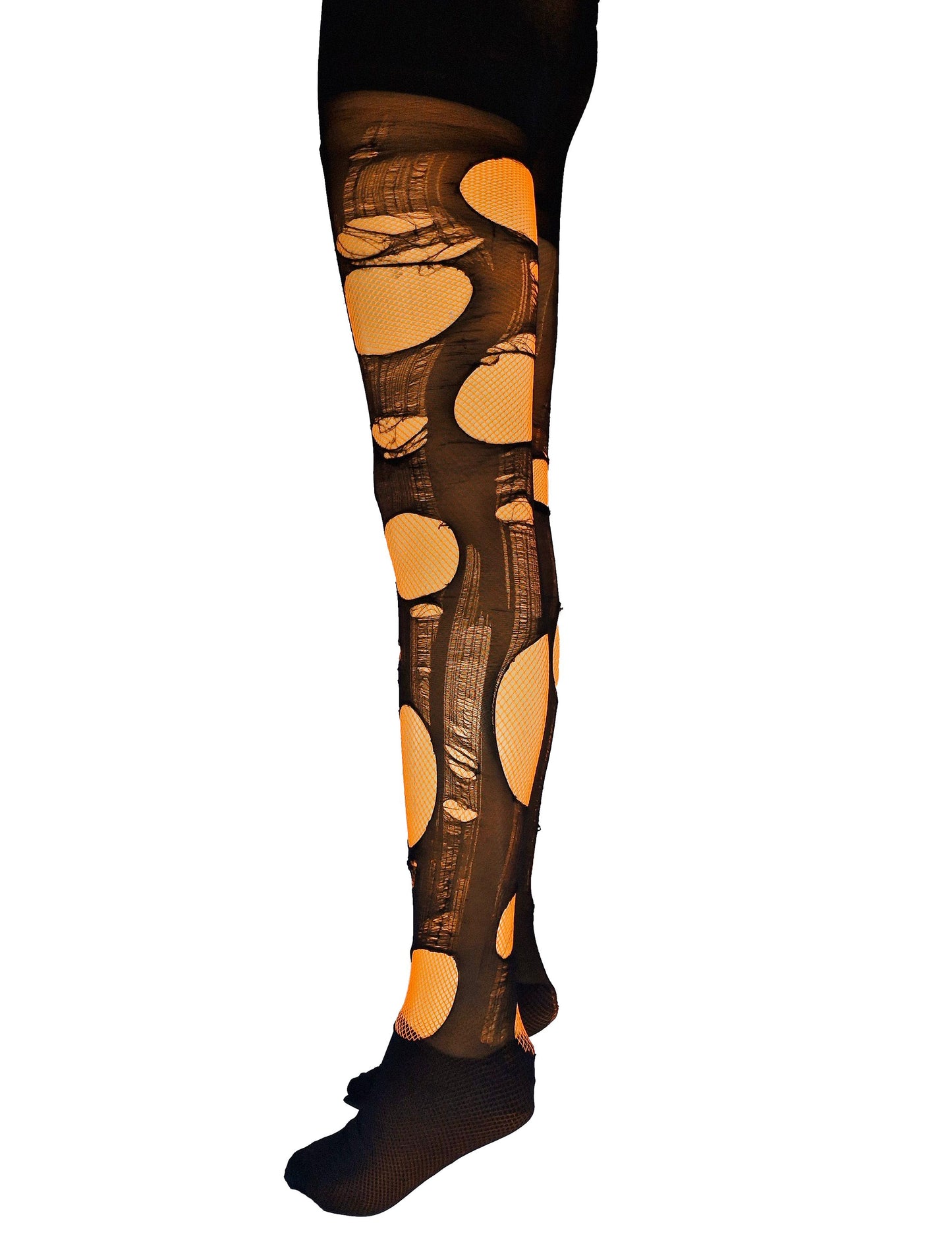 Neon Orange Distressed Fishnet Tights Festival Rave Outfit Cyber Y2K Alternative Leggings EDM Clothing Burning Man