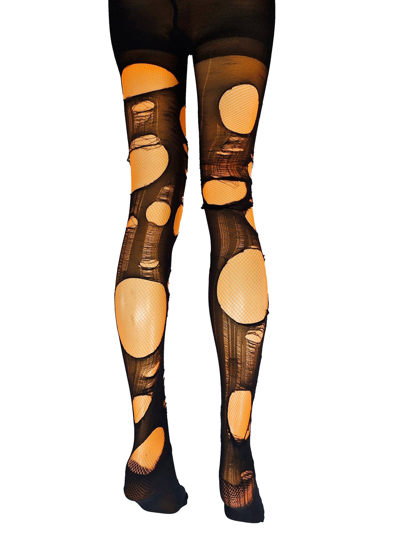 Neon Orange Distressed Fishnet Tights Festival Rave Outfit Cyber Y2K Alternative Leggings EDM Clothing Burning Man