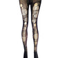 May include: Black patterned tights with large circular cutouts and smaller dot details. The tights have a fishnet-like texture and are worn with black footwear. The design features a series of connected circles and irregular shapes.