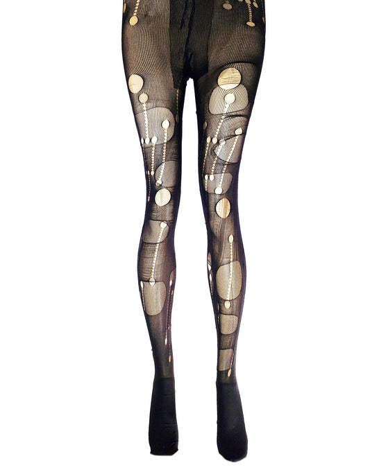 May include: Black patterned tights with large circular cutouts and smaller dot details. The tights have a fishnet-like texture and are worn with black footwear. The design features a series of connected circles and irregular shapes.