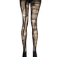 May include: Black fishnet tights with large, irregular holes. The tights have a textured appearance and are opaque at the feet and waist. The design features vertical lines and circular openings, creating a distressed look.