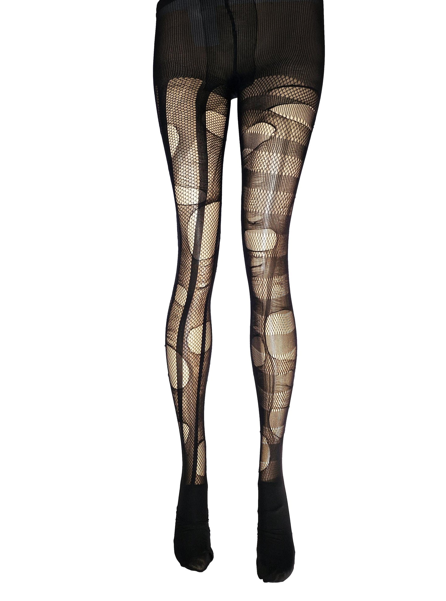 May include: Black fishnet tights with large, irregular holes. The tights have a textured appearance and are opaque at the feet and waist. The design features vertical lines and circular openings, creating a distressed look.