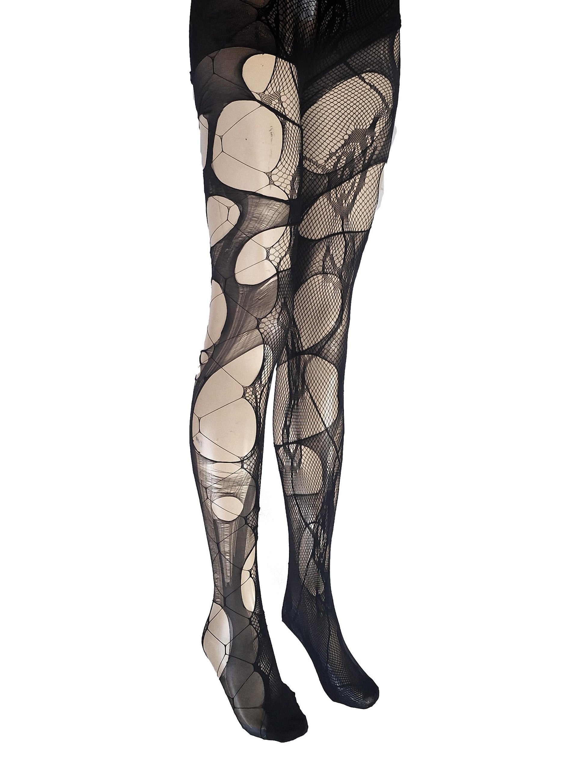 Black Lace Tights Torn Fishnet Tights Floral tights Romantic Goth Leggings Witchy Alternative Distressed Dark Feminine Stockings