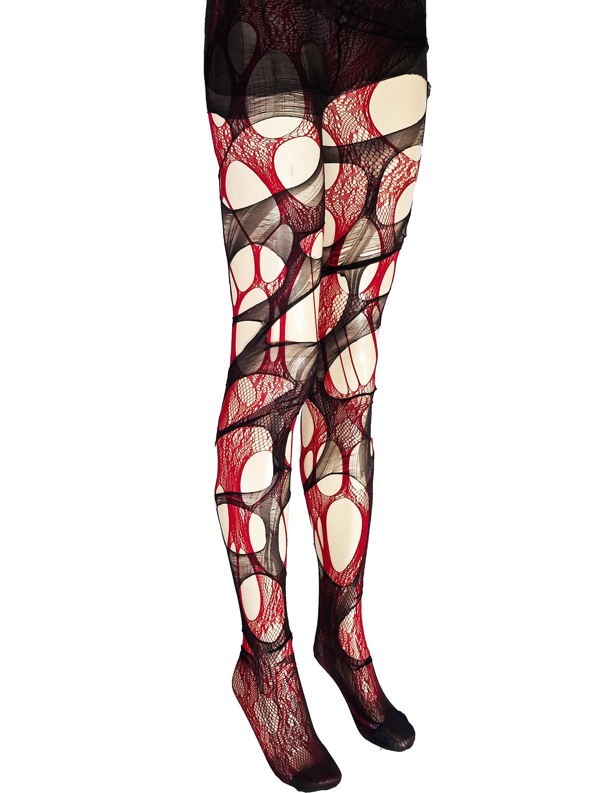 Red Lace Tights Black Ripped Fishnet Tights floral tights Gothic Witchy Leggings Dark Romantic Alternative Distressed Tights