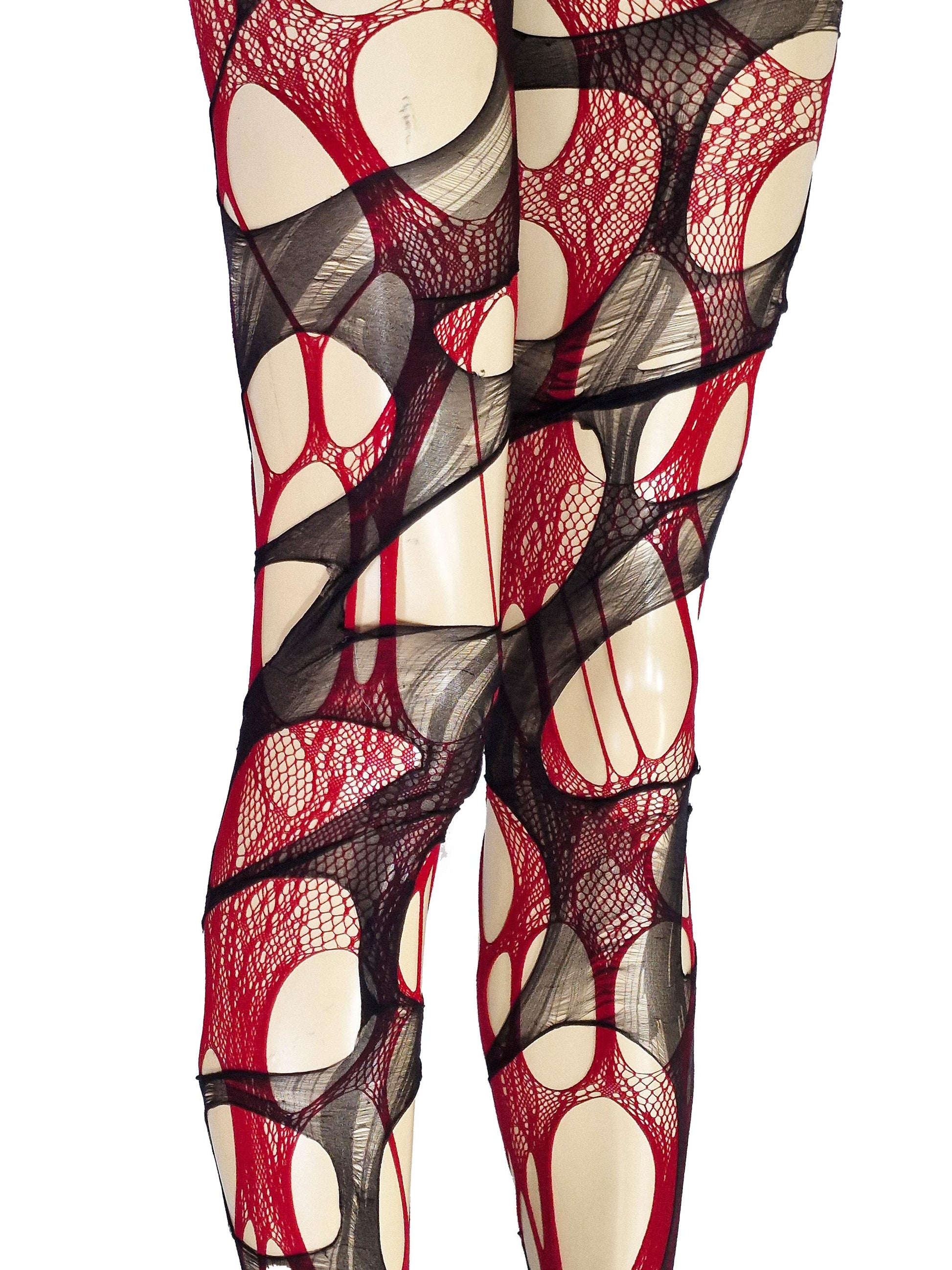 Red Lace Tights Black Ripped Fishnet Tights floral tights Gothic Witchy Leggings Dark Romantic Alternative Distressed Tights