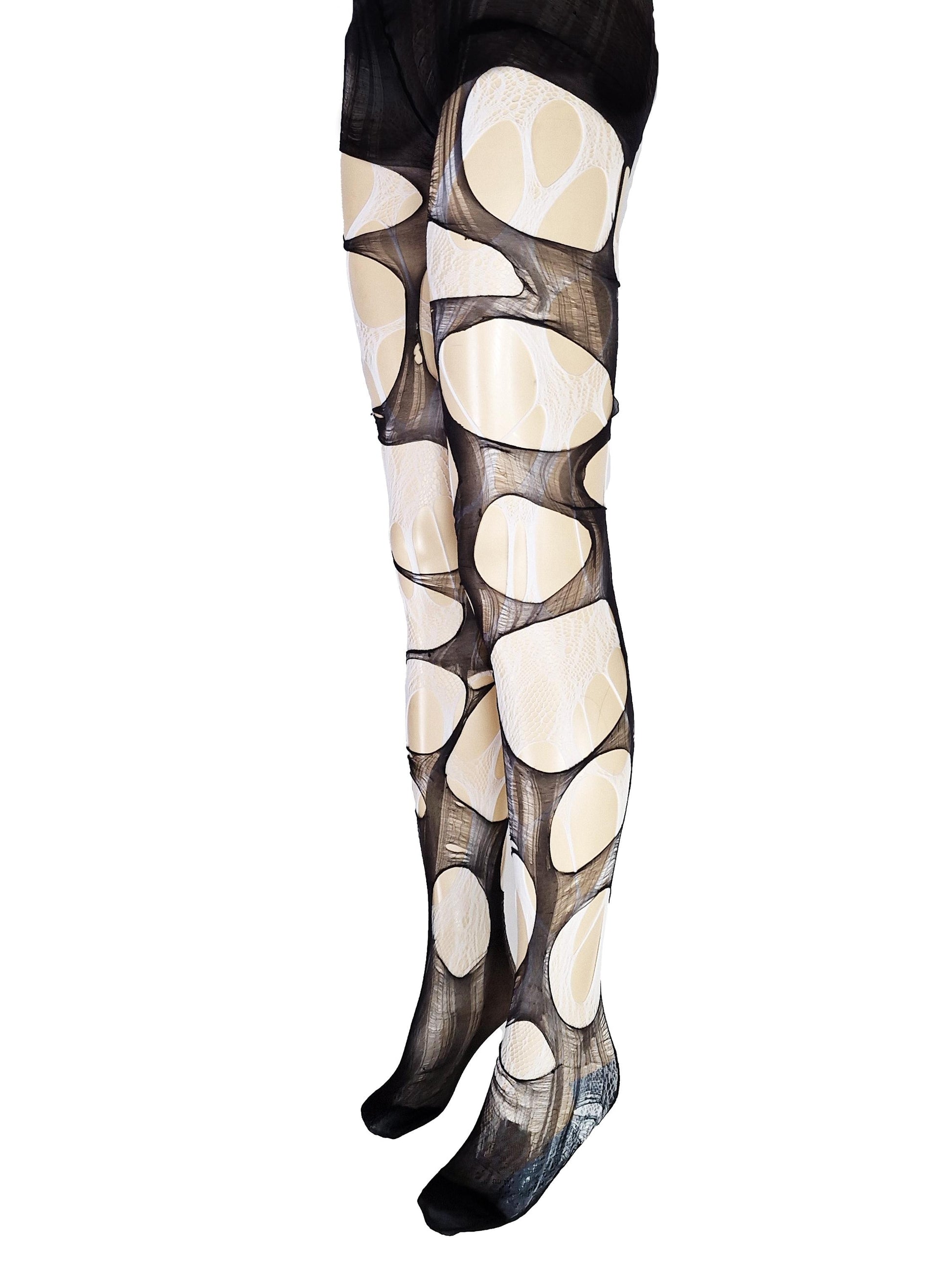 White Lace Tights Black Ripped Fishnet Tights Romantic Goth Leggings Gothic Bridal Witchy Distressed Stockings