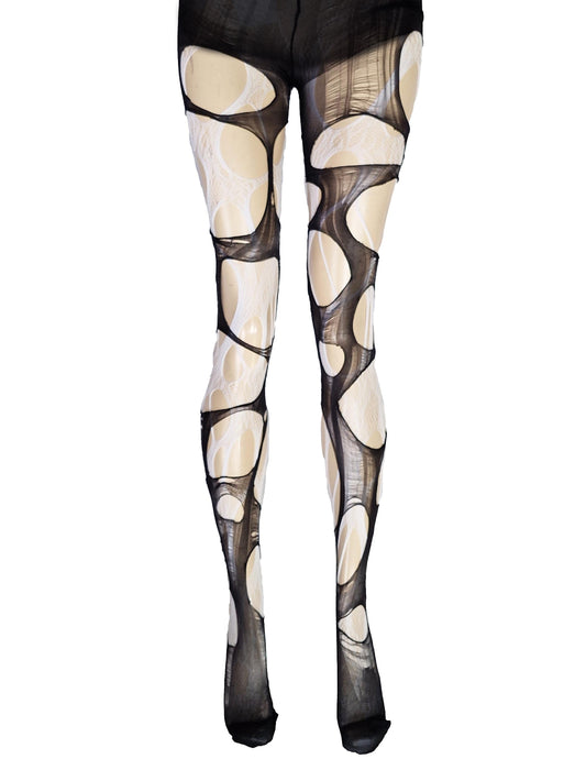 White lace tights with distressed black fishnet