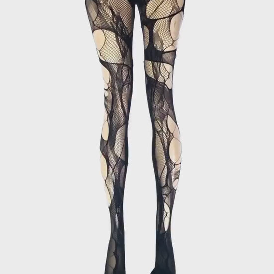 Black Lace Tights Torn Fishnet Tights Floral tights Romantic Goth Leggings Witchy Alternative Distressed Dark Feminine Stockings