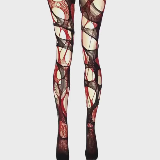 Red Lace Tights Black Ripped Fishnet Tights floral tights Gothic Witchy Leggings Dark Romantic Alternative Distressed Tights
