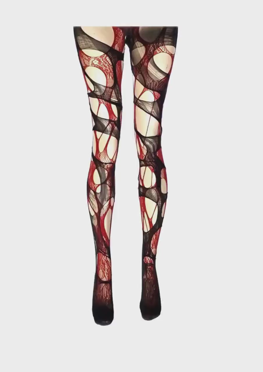 Red Lace Tights Black Ripped Fishnet Tights floral tights Gothic Witchy Leggings Dark Romantic Alternative Distressed Tights
