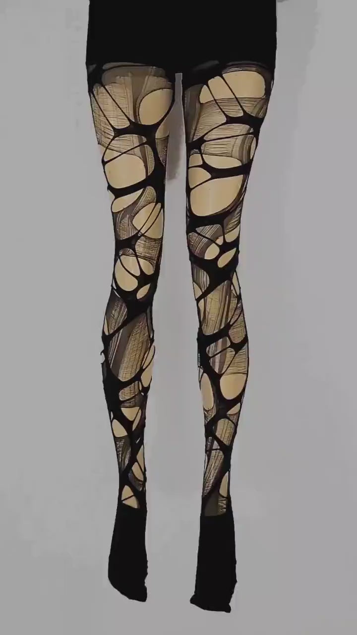 Black ripped tights fishnet leggings distressed tights Halloween leggings | goth leggings fishnet tights torn tights goth tights fishnets