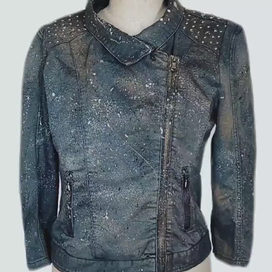 Dark space embellished denim jacket studded denim jacket | denim motorcycle jacket custom jean jacket | custom denim jacket size M
