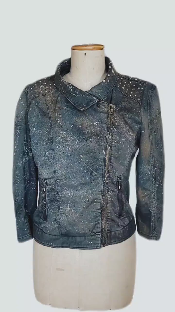 Dark space embellished denim jacket studded denim jacket | denim motorcycle jacket custom jean jacket | custom denim jacket size M