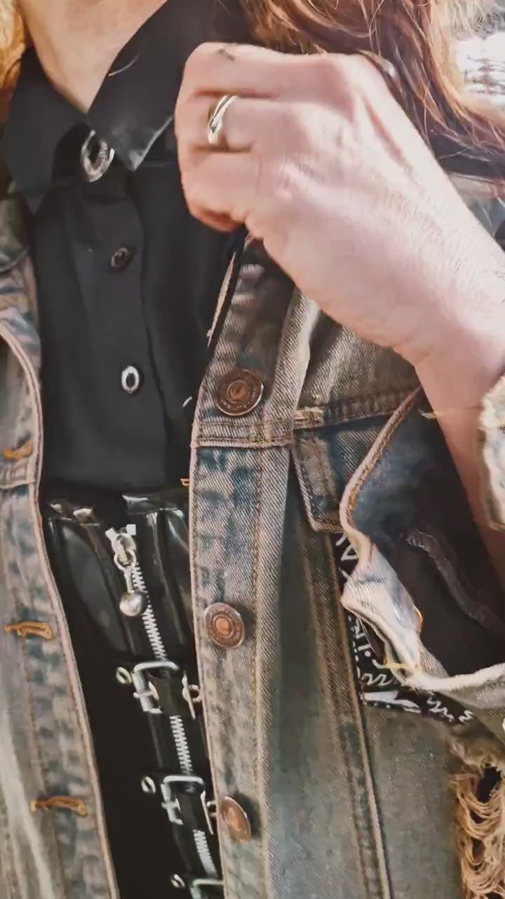 custom jean jacket goth jacket punk jacket brown denim jacket | unique jacket distressed jacket upcycled denim jacket custom denim  | size M