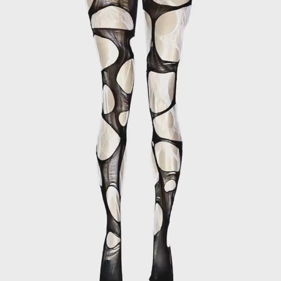 White Lace Tights Black Ripped Fishnet Tights Romantic Goth Leggings Gothic Bridal Witchy Distressed Stockings