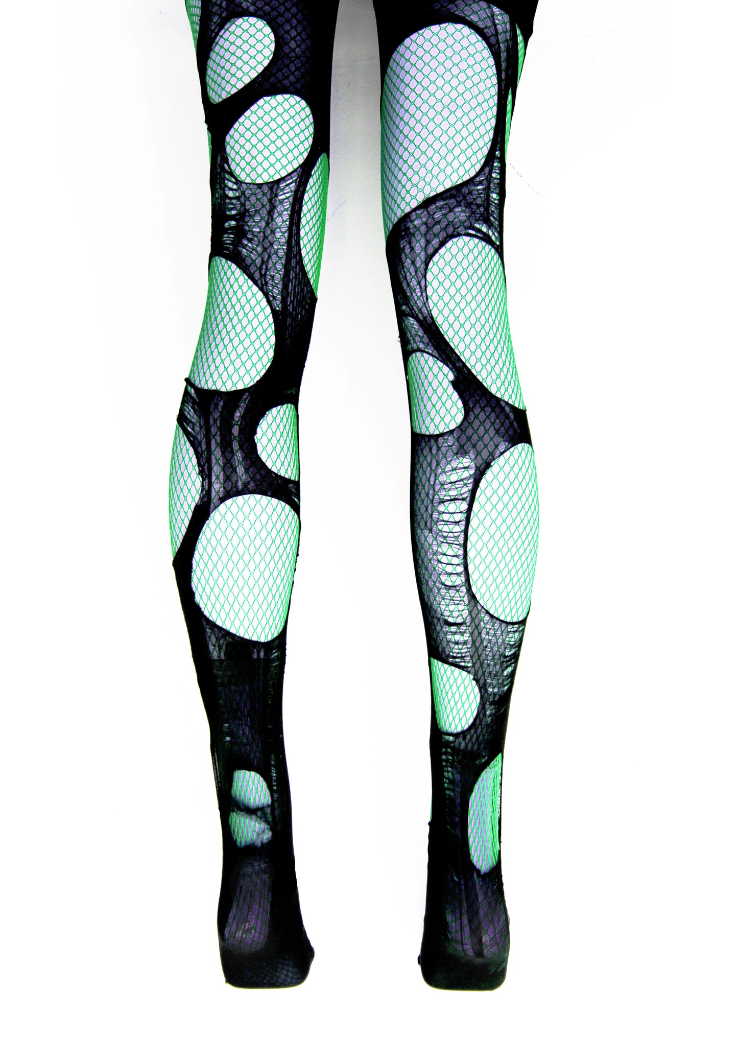 Double layered torn emerald green | Black fishnet tights