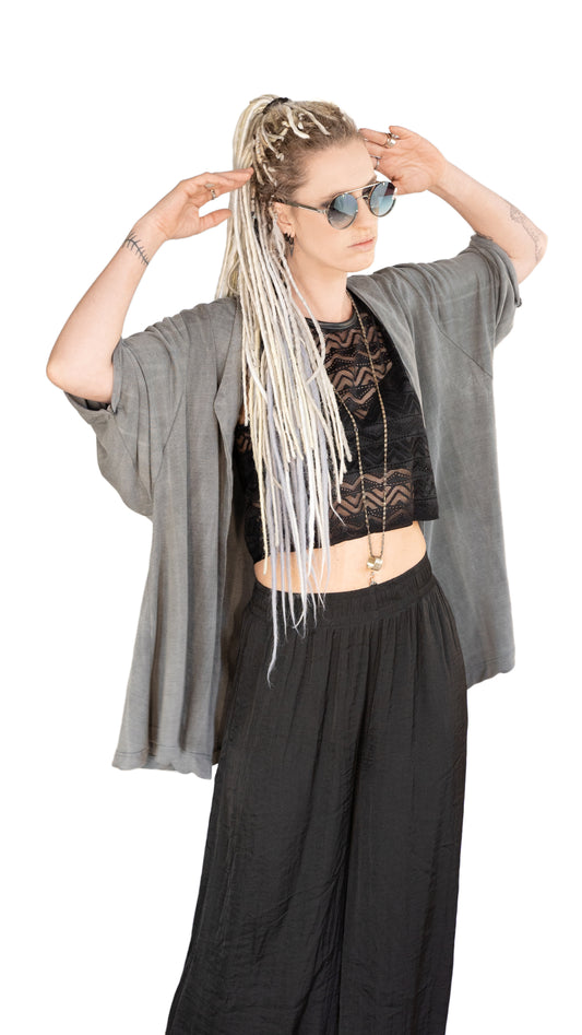 Distressed faded gray lightweight kimono cardigan