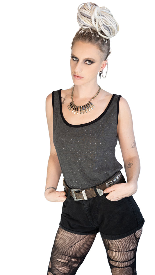 Silver droplet studded gray relaxed fit tank top