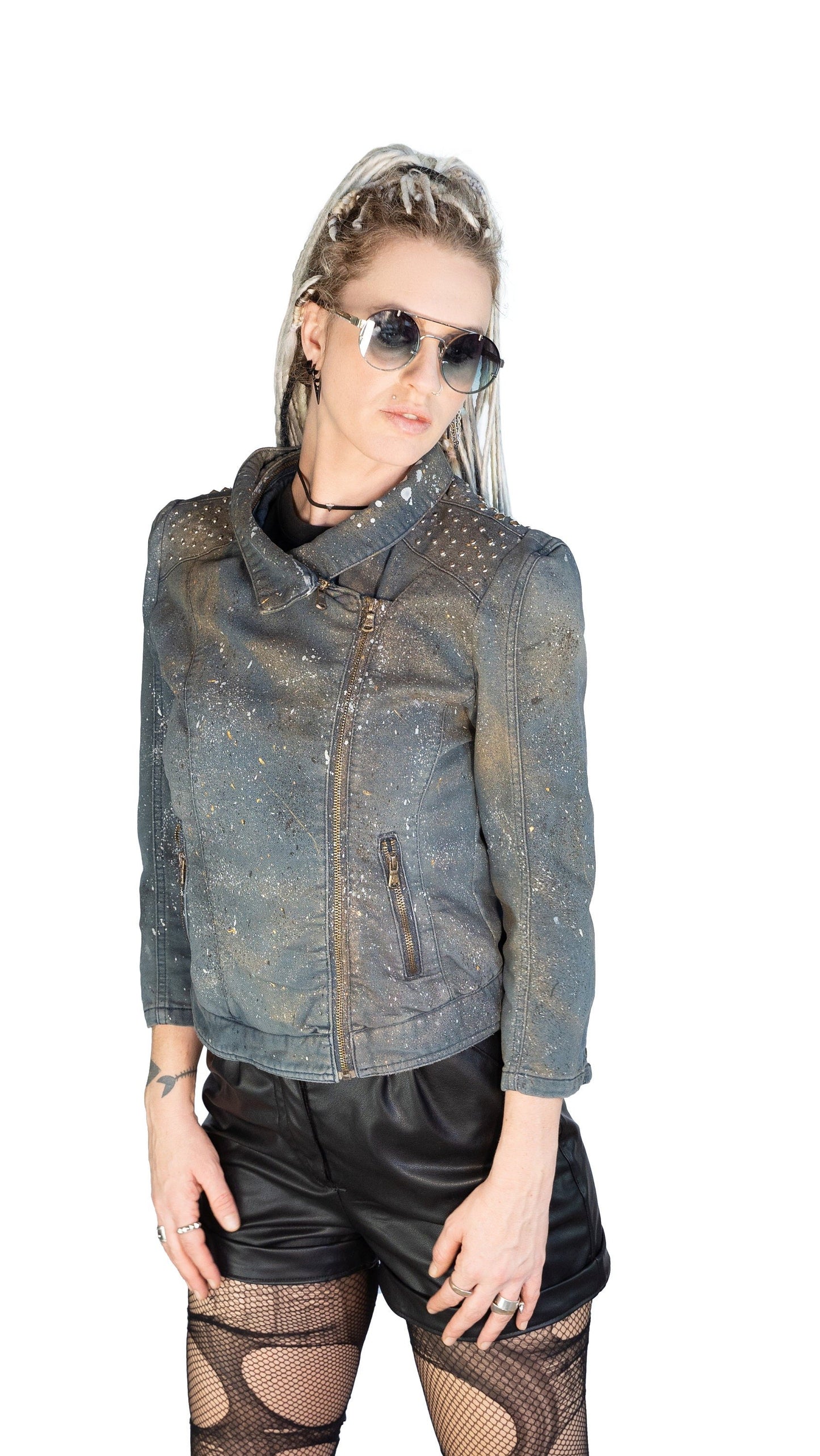 Dark space hand painted studded denim jacket | Size M