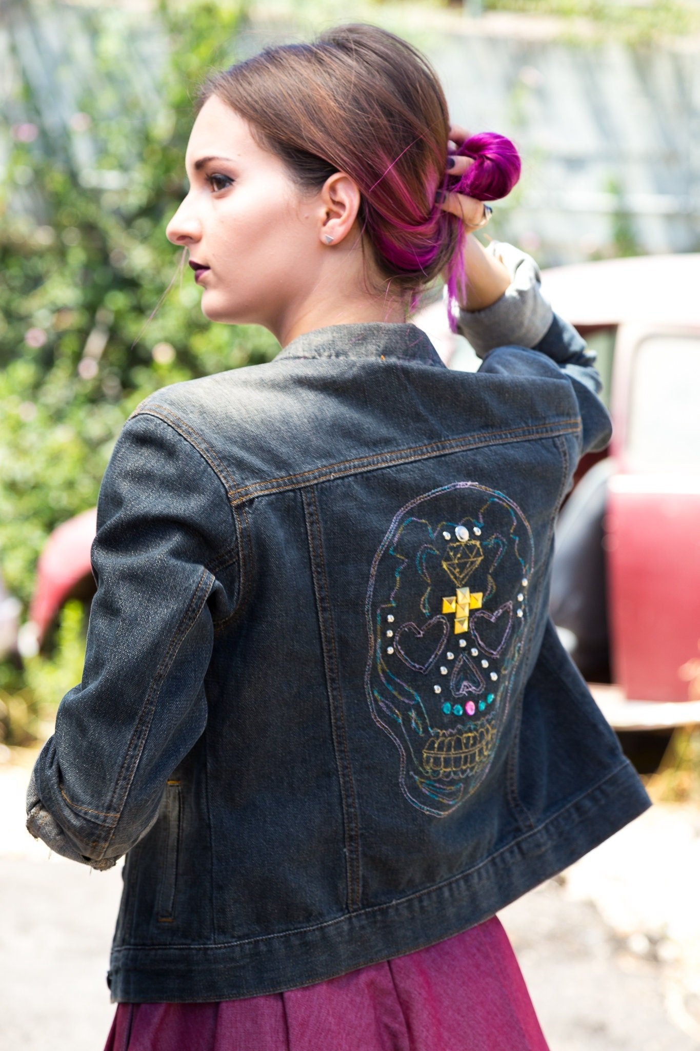 Sugar skull embroidered studded denim jacket |  Size S