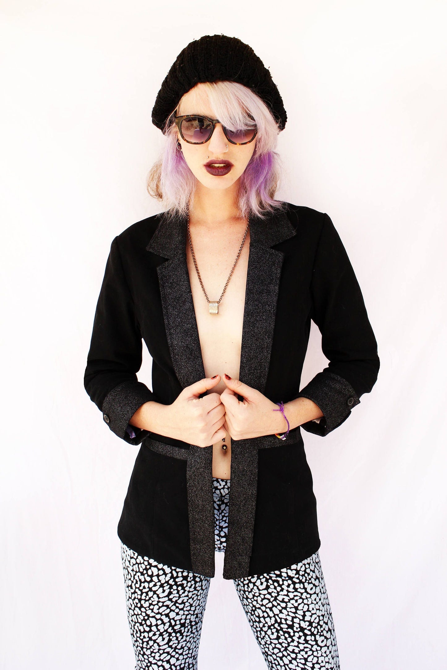 Rock God Glitter lapel black blazer jacket | stripe lining
