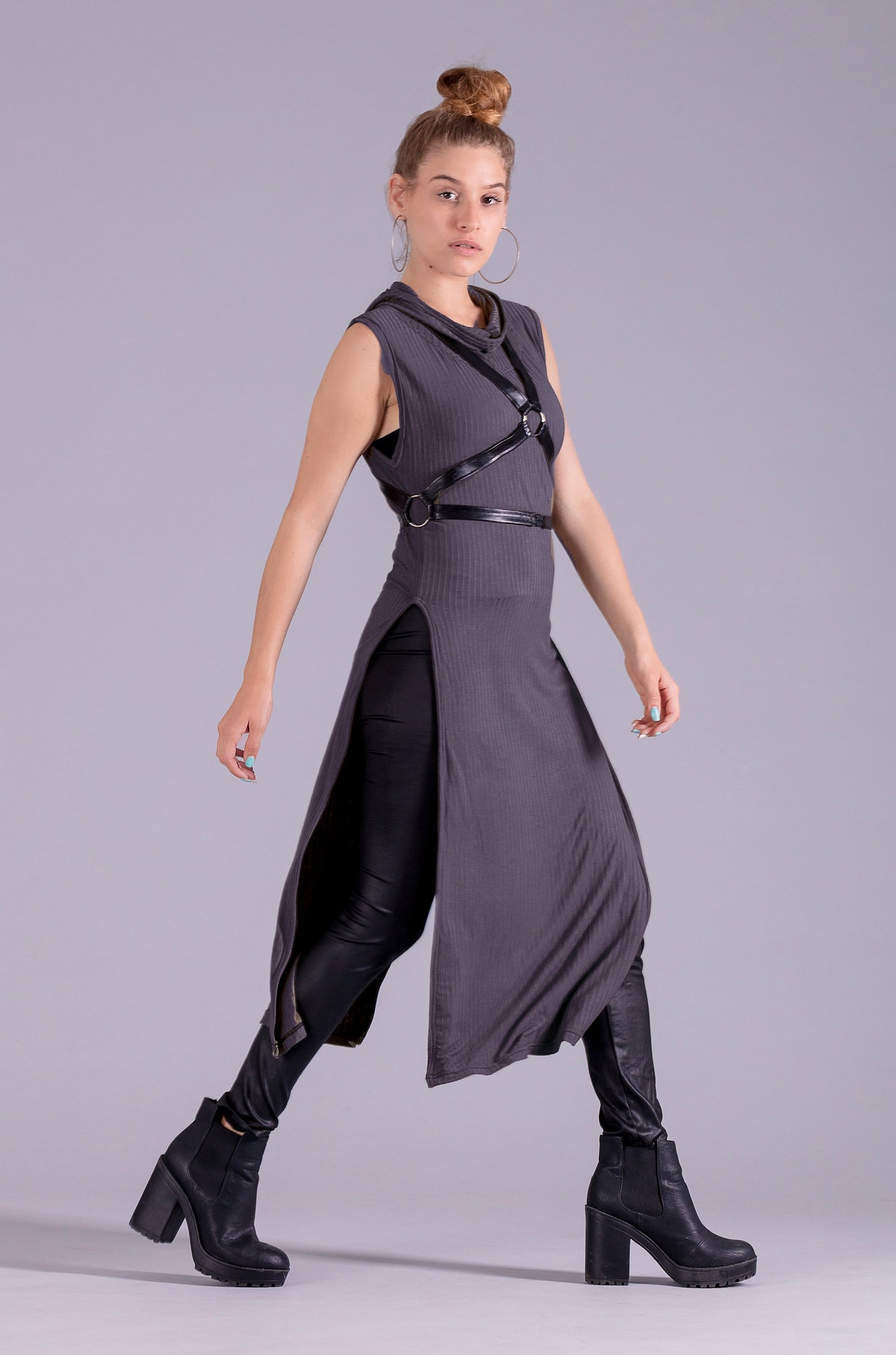 Warrior post apocalyptic hooded tunic dress | Charcoal Gray