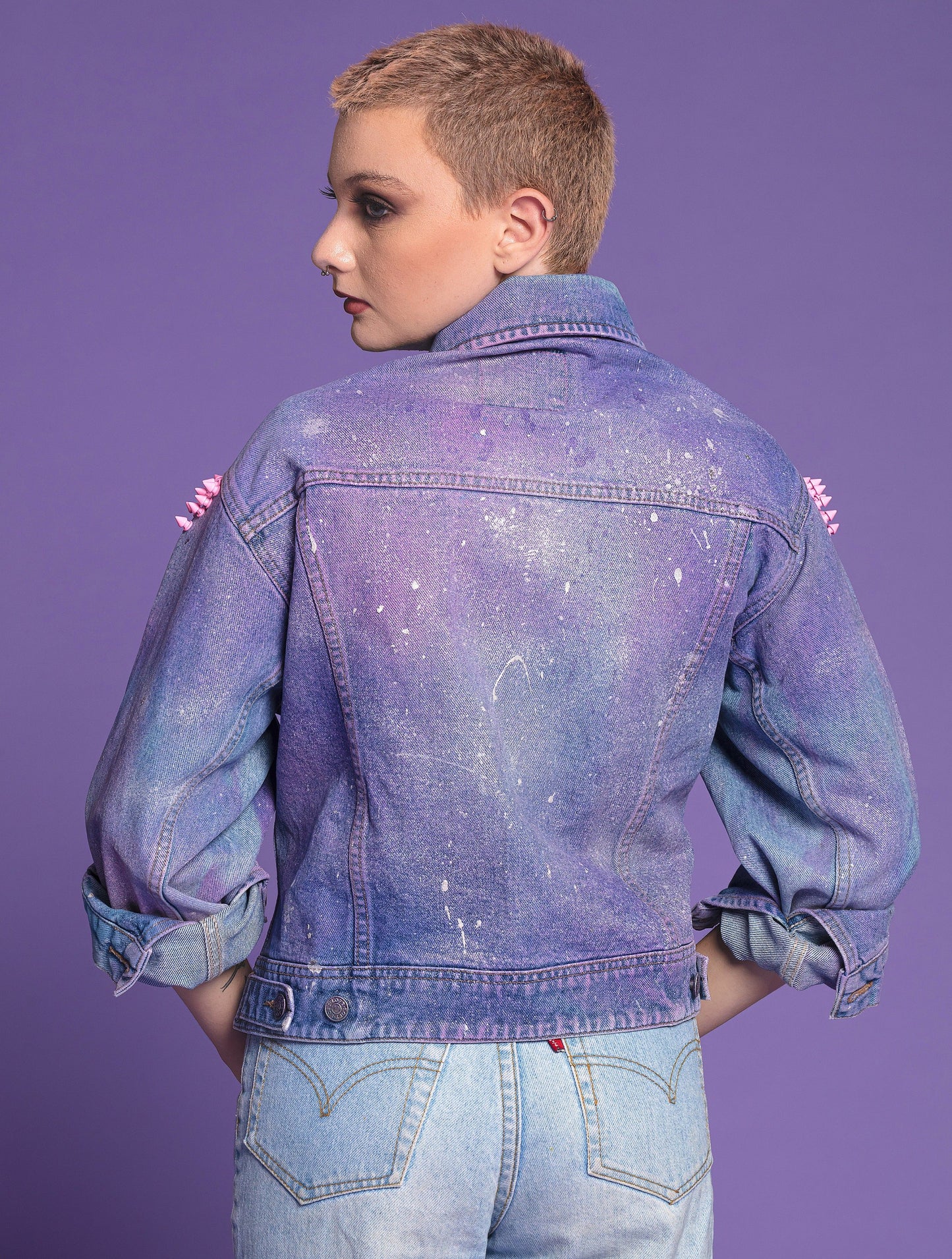 Blue nebula galaxy studded denim jacket  | Unisex